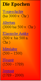 Textfeld: Die Epochen

Vorgeschichte 
(bis 3000 v. Chr.)

Altertum 
(3000 bis 500 v. Chr.) 

Klassische Antike 
(500 v. bis 500 n. Chr.)

Mittelalter 
(500  1500)

Neuzeit 
(1500 - 1789)

Jetztzeit 
(1789 - 2000)

