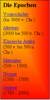 Textfeld: Die Epochen

Vorgeschichte 
(bis 3000 v. Chr.)

Altertum 
(3000 bis 500 v. Chr.) 

Klassische Antike 
(500 v. bis 500 n. Chr.)

Mittelalter 
(500  1500)

Neuzeit 
(1500 - 1789)

Jetztzeit 
(1789 - 2000)

